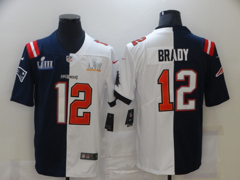 Men's Tampa Bay Buccaneers #12 Tom Brady White Navy Super Bowl Split GOAT Stitched Jersey Men's Tampa Bay Buccaneers #12 Tom Brady White Navy Super Bowl Split GOAT Stitched Jersey